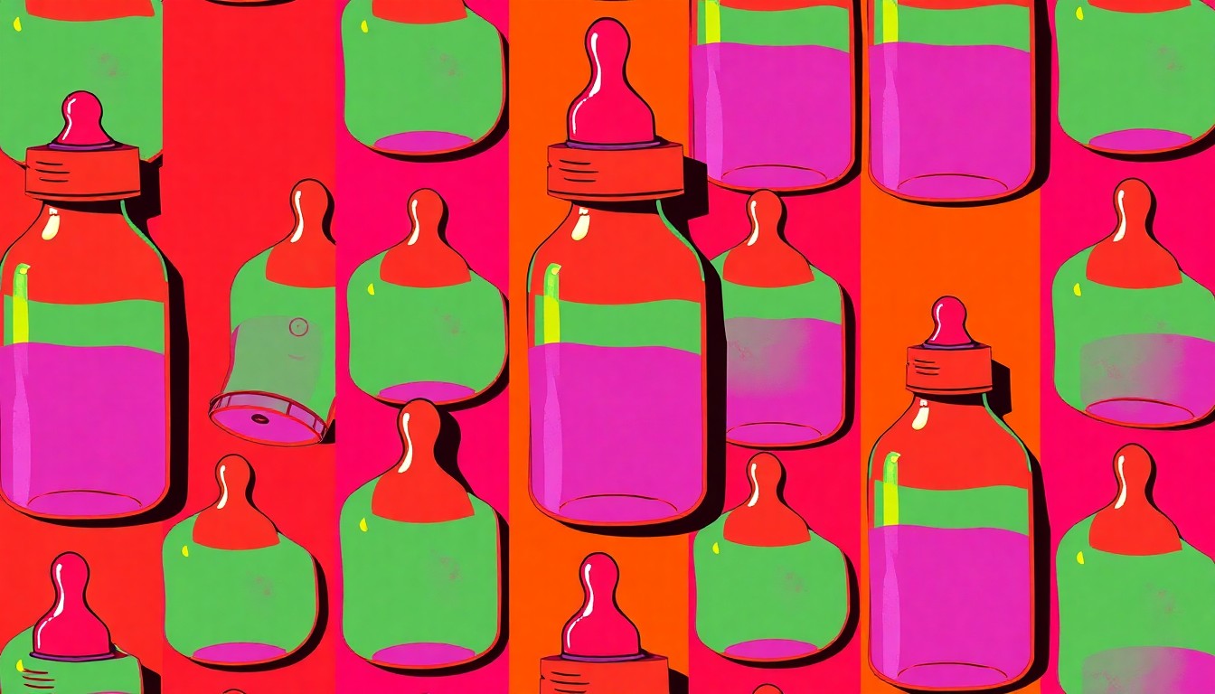 A bold, colorful silkscreen print featuring a repeating pattern of a baby bottle in neon pink, yellow, and blue hues, conceptually representing the organization's mission to support Jewish families building their families.