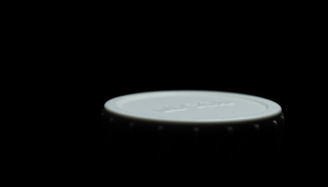 An extreme close-up of a prescription pill bottle cap, the plastic surface reflecting the harsh light of the camera flash against a pitch-black background, conceptually representing the sensitive nature of the medical evidence in this case.