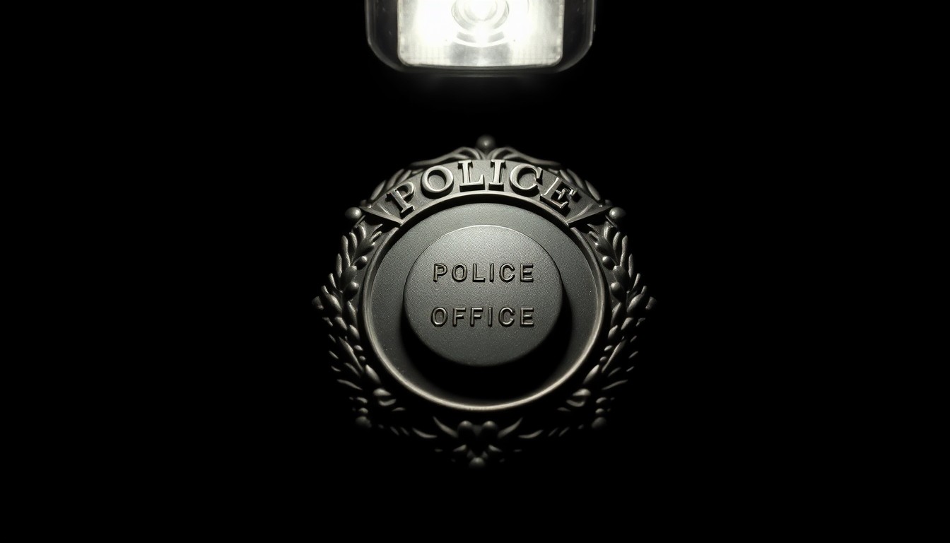 An extreme close-up photograph of a police officer's badge, the metallic surface reflecting a harsh, direct camera flash against a pitch-black background, creating a stark, gritty, investigative aesthetic.