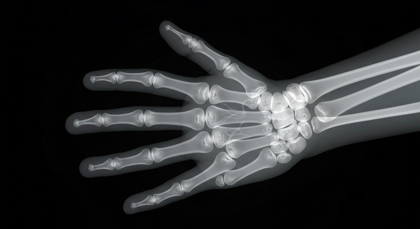 An ethereal, ghostly X-ray image of a human hand reaching out, symbolizing the global reach and impact of the WFP's new HungerMap Live platform for monitoring and predicting food insecurity.