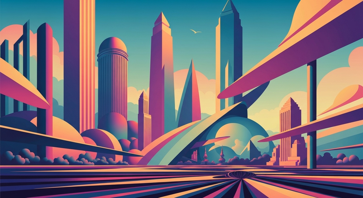 A bold, geometric illustration in the Art Deco style, featuring sweeping lines and gradients that suggest the grand scale and romance of travel, without any literal depictions of people or text.