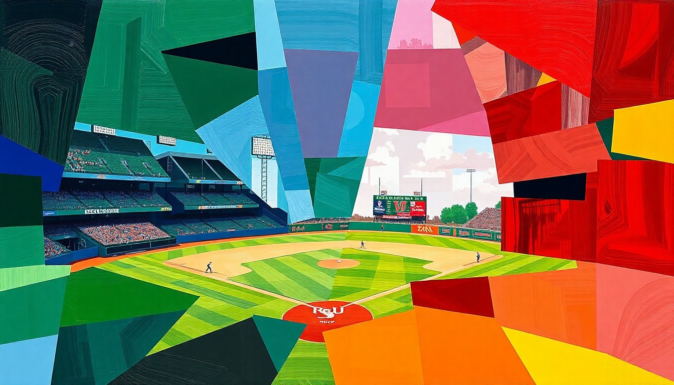 A vibrant, abstract painting featuring sharp, overlapping geometric shapes in the colors of Oklahoma Baptist and Arkansas Tech, conceptually representing the intensity and competition of a crucial college baseball game.