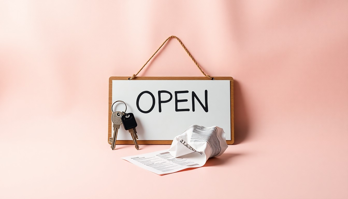 A photorealistic studio still life featuring a closed 'OPEN' sign, a set of keys, and a crumpled paper menu, symbolizing the temporary closure of the Hero Diner location in Trussville as part of the restaurant group's reorganization.