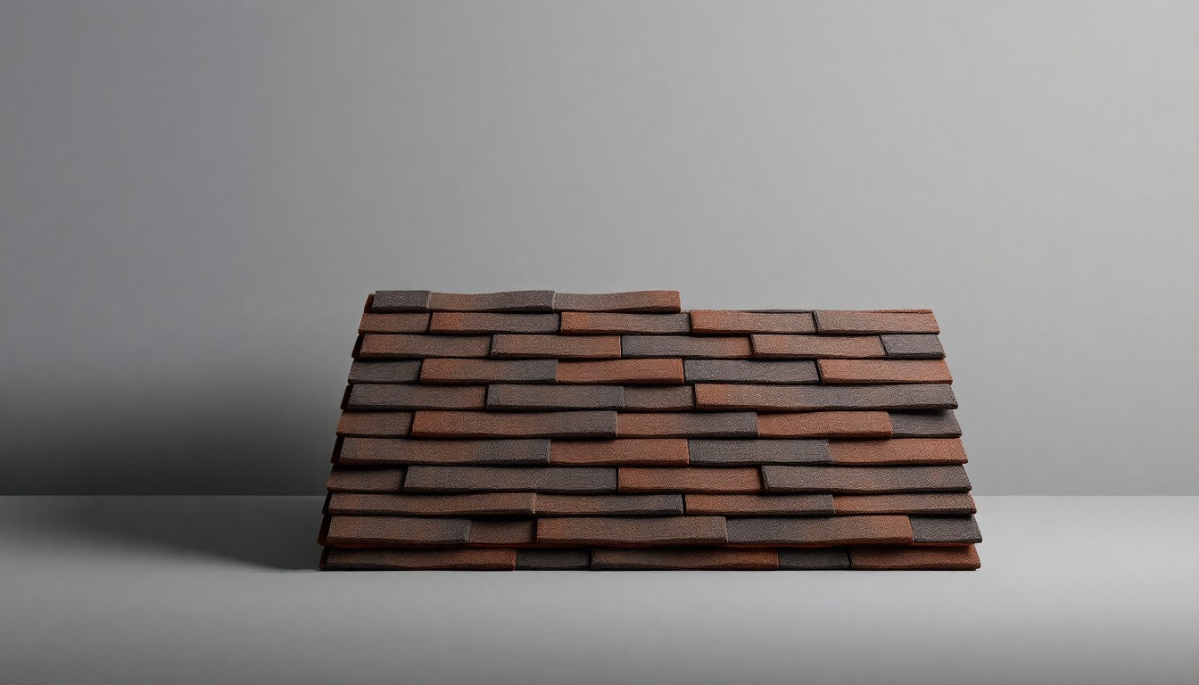 A close-up, minimalist studio photograph of a stack of GAF Timberline UHDZ(R) asphalt shingles in a rich, earthy color palette, conveying the strength and durability of the product through dramatic lighting and shadows.