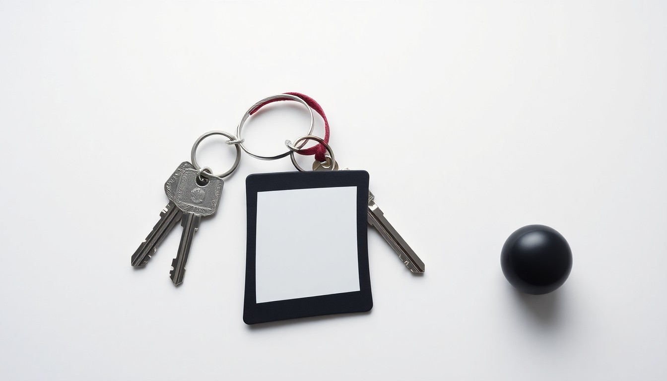 A high-end, photorealistic studio still-life photograph featuring a set of pristine, polished keys, a security badge, and a sleek black doorknob, conceptually representing the critical role of doormen and building staff in maintaining secure and comfortable urban living.