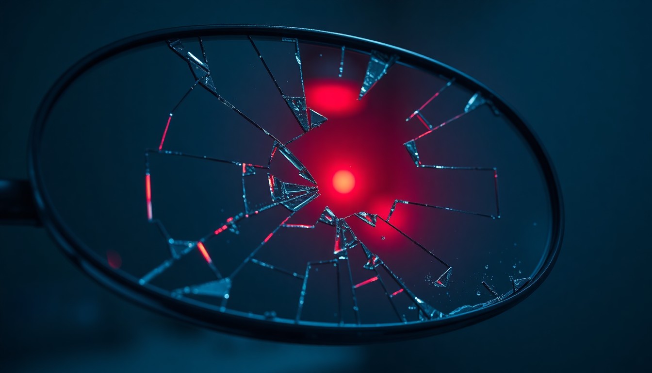 An extreme close-up photograph of a shattered dental mirror reflecting a faint red light, conveying the gritty, investigative nature of this crime story without depicting any actual violence or victims.