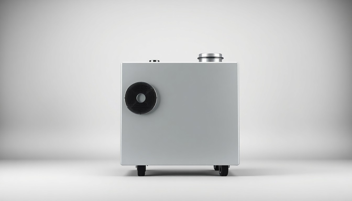 A sleek, modern HEPA air scrubber unit in a polished silver or white finish, floating on a clean, monochromatic seamless background with dramatic studio lighting and deep shadows, conceptually representing the premium restoration equipment provided by LA Restoration Rentals.