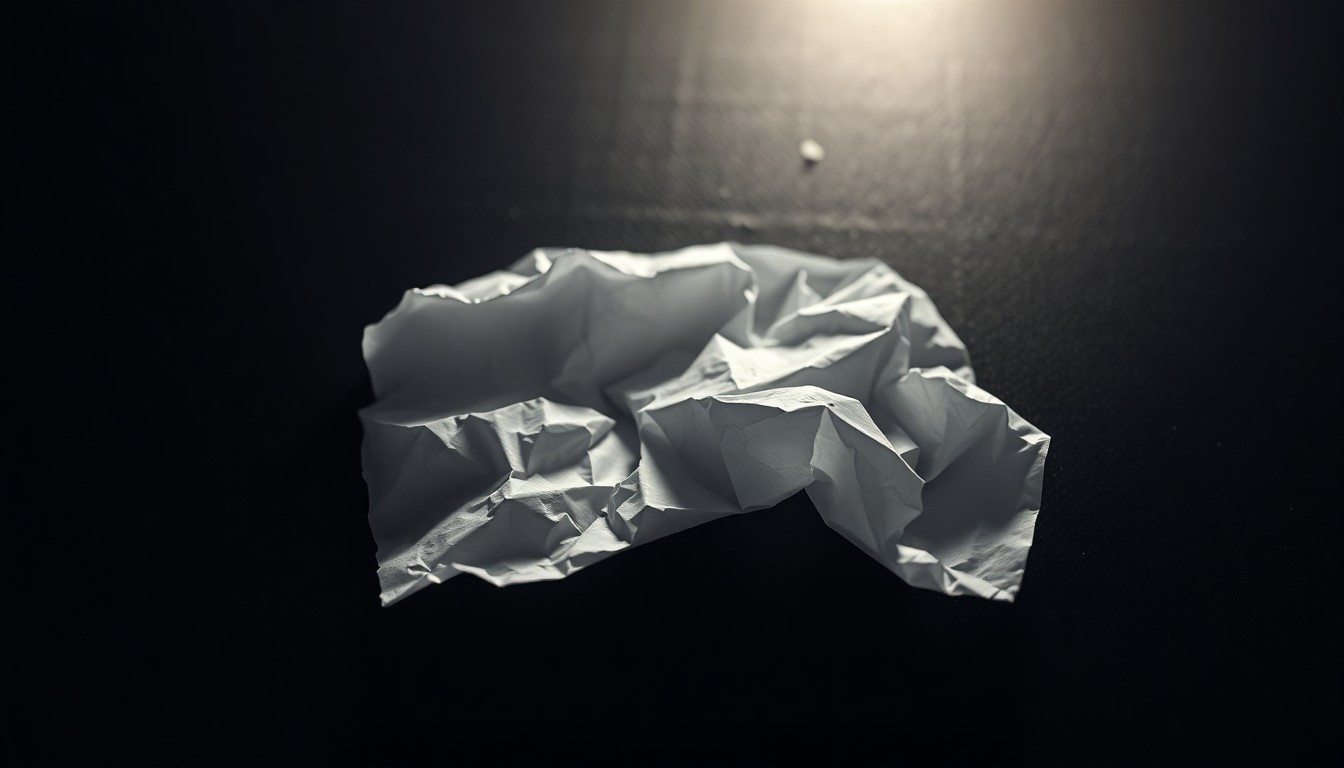 An extreme close-up of a crumpled piece of paper reflecting a harsh, direct camera flash, conveying a sense of investigation and evidence gathering.