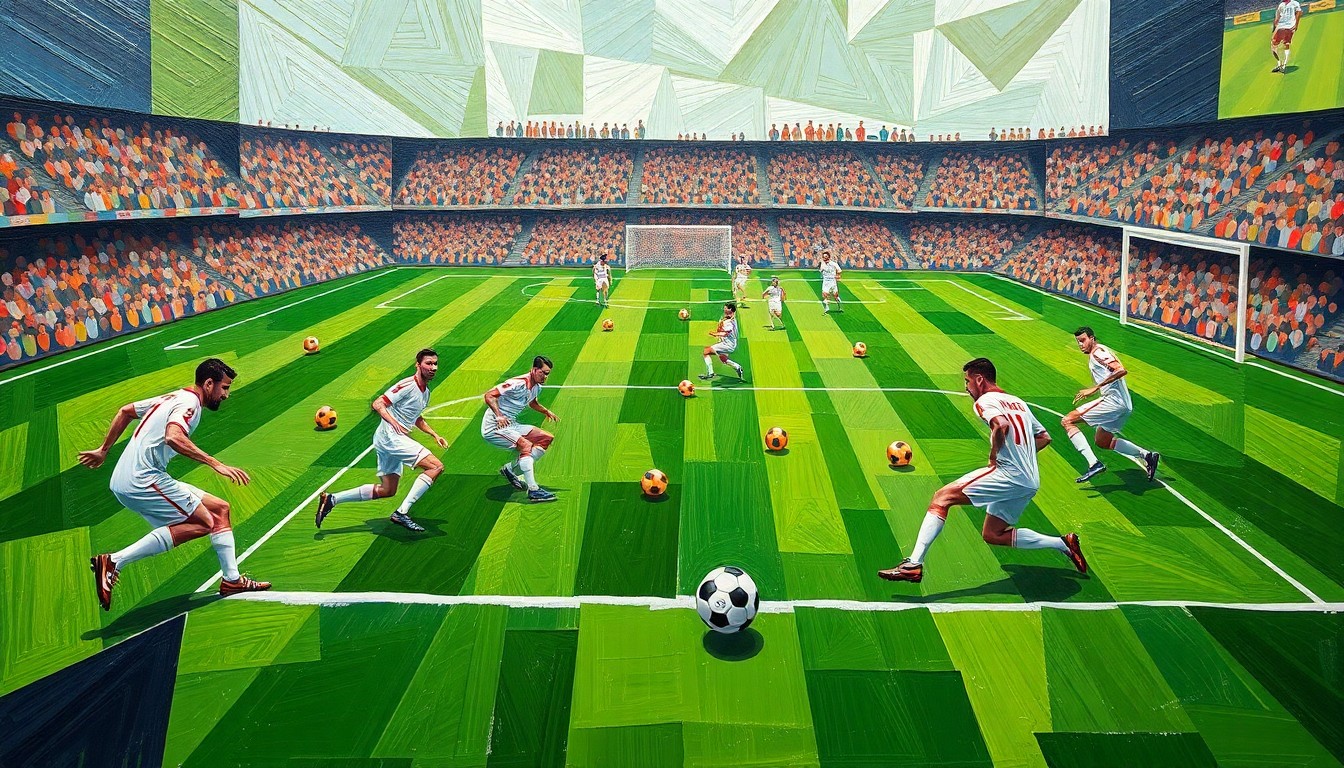A cubist, geometric painting depicting the chaotic action of a high-intensity soccer match, with overlapping planes of green grass, white uniforms, and orange soccer balls.