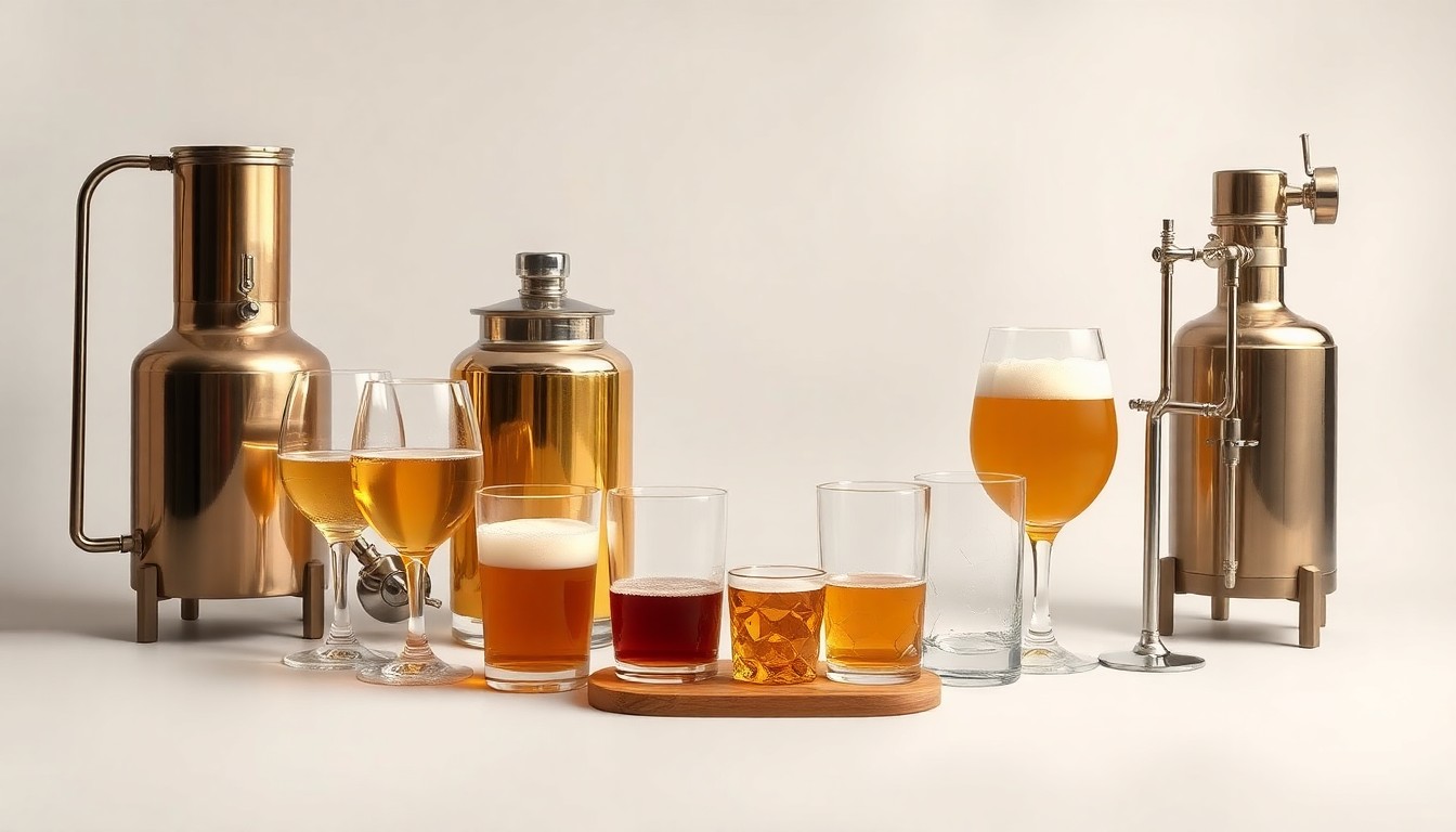 A high-end, photorealistic studio still-life photograph featuring a collection of premium, polished glassware and brewing equipment arranged elegantly on a clean, monochromatic background, conceptually representing the craftsmanship and attention to detail of Tree House Brewing's operations.