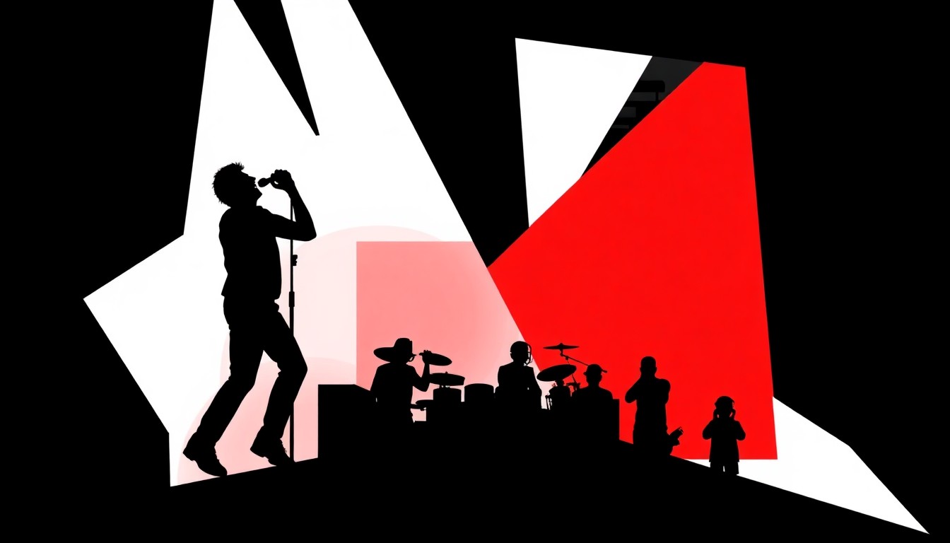 An abstract, minimalist composition of jagged, overlapping geometric shapes in bold red and black, conceptually representing the clash between a live music performance and a sporting event.