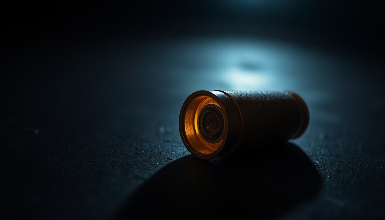 An extreme close-up photograph of a spent shell casing on a dark surface, lit by a harsh camera flash, conceptually representing the aftermath of a violent crime.