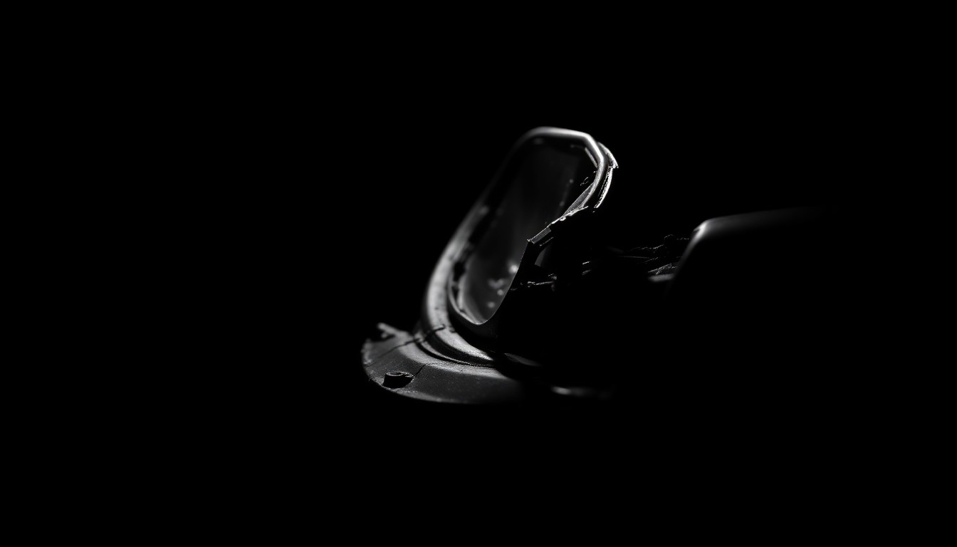 An extreme close-up of a crumpled car part or piece of physical evidence from the crash site, lit by a harsh, direct flash against a pitch-black background, conveying the gritty, investigative nature of the incident.