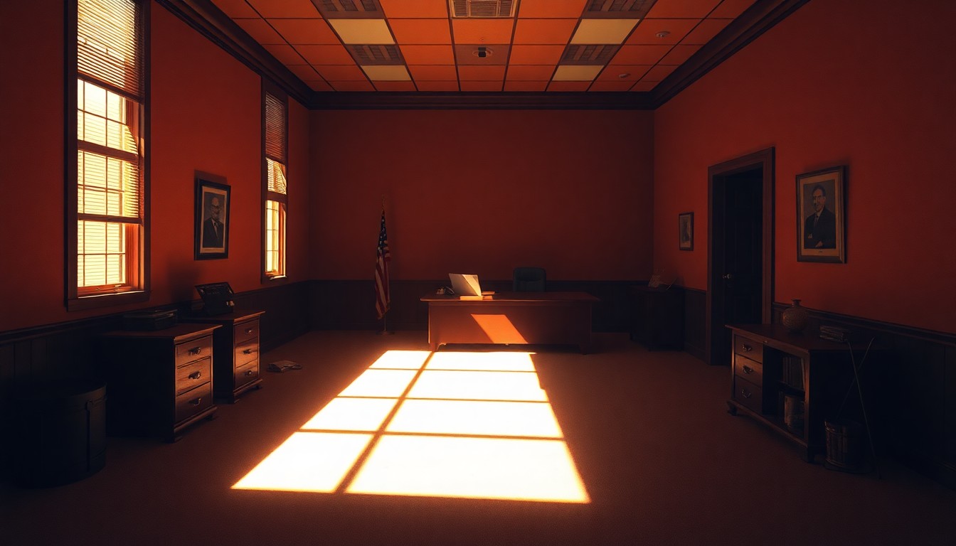A quiet, cinematic painting of an empty political office space, with warm diagonal sunlight and deep shadows creating a sense of melancholy and unresolved tension.