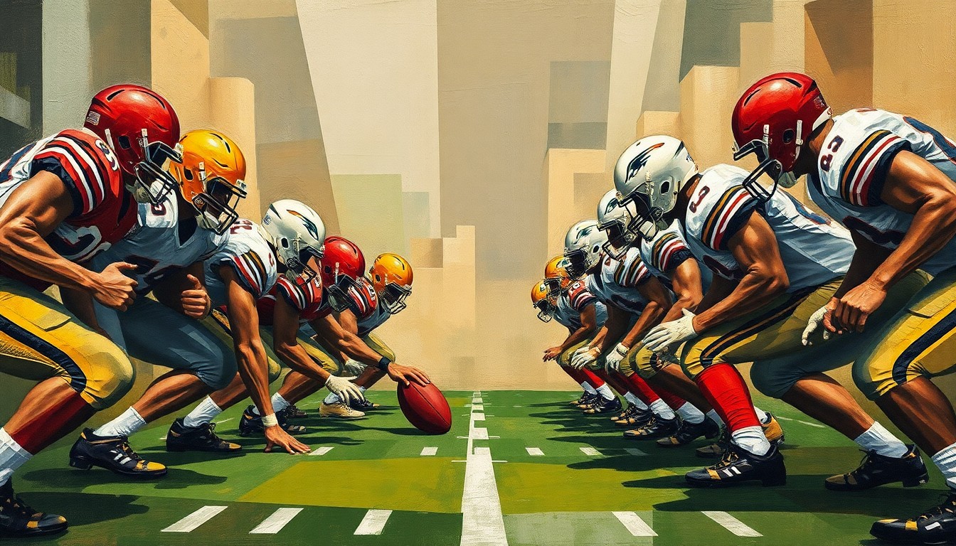 A cubist, geometric painting depicting the fragmented forms of football players on an offensive line, conveying the complex and shifting dynamics of the team's roster decisions.