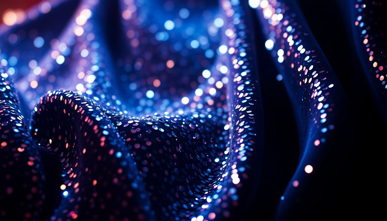 An extreme close-up of luxurious, sparkling sequins and plush, velvety textures, conceptually representing the glamour and excitement of a professional music performance.