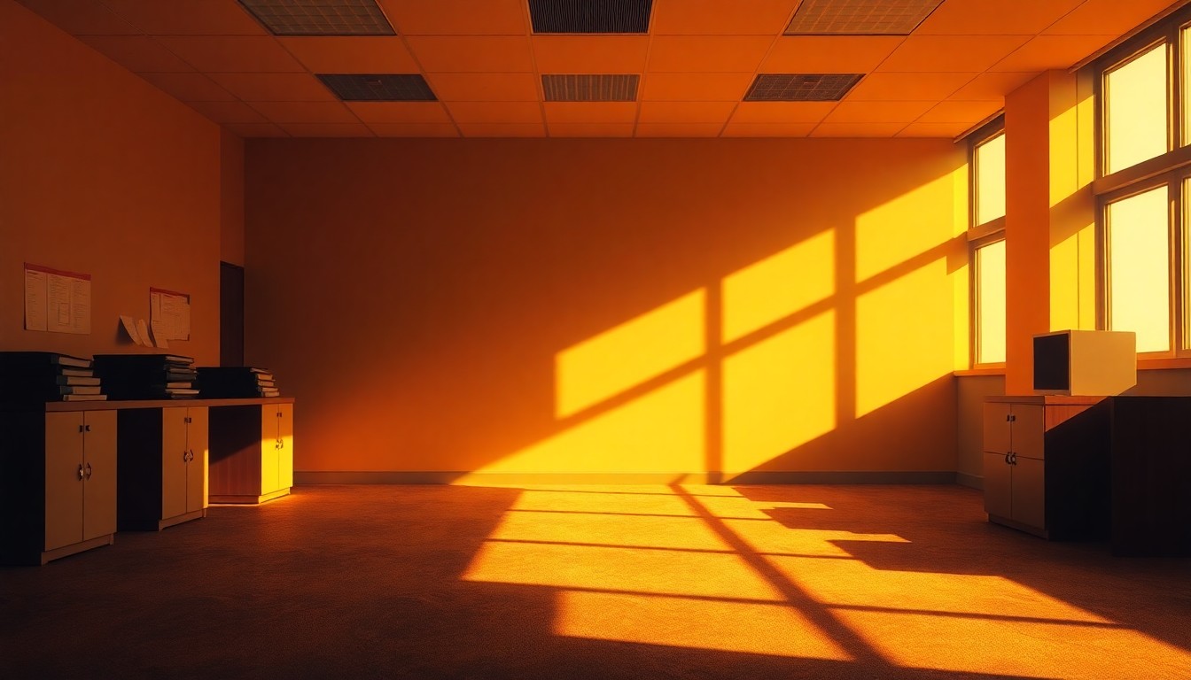 A dimly lit, cinematic government office space with sparse furnishings and a single window casting warm, diagonal light across the room, conveying a sense of bureaucratic isolation and impersonal immigration policies.