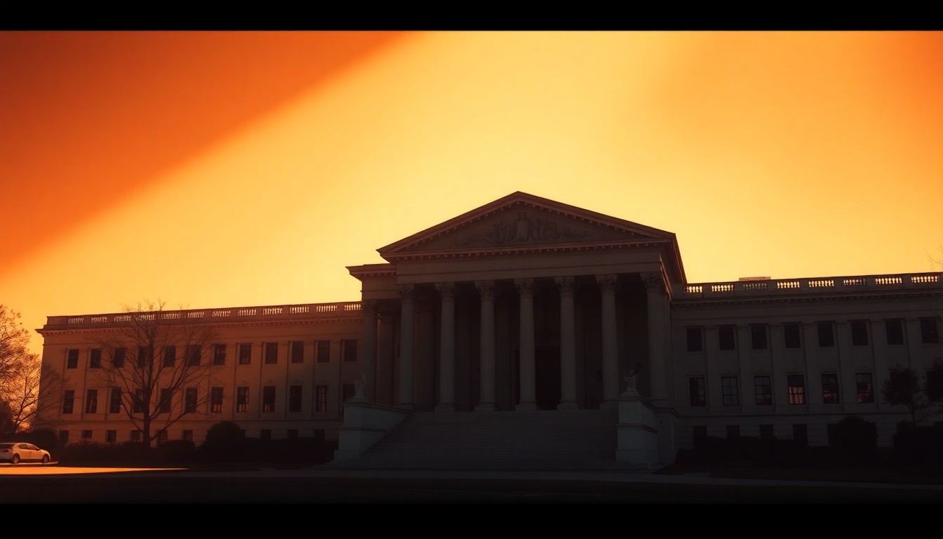 A photorealistic painting of a government building in warm, golden light, with deep shadows creating a sense of solemnity and gravity around the impending Supreme Court ruling.