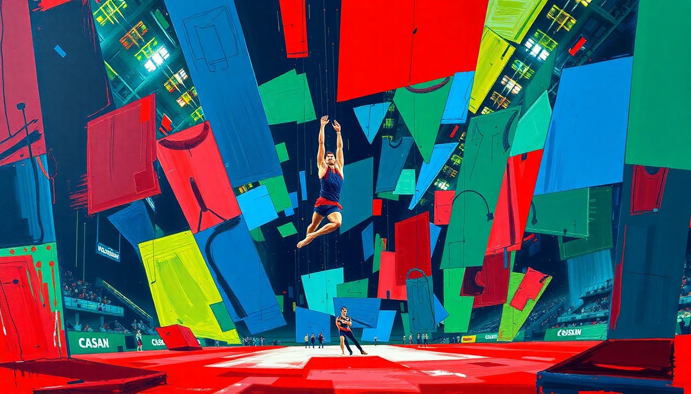 A fractured, cubist-style painting depicting a men's gymnastics competition, with overlapping geometric shapes and planes in vibrant colors representing the energy and movement of the sport.