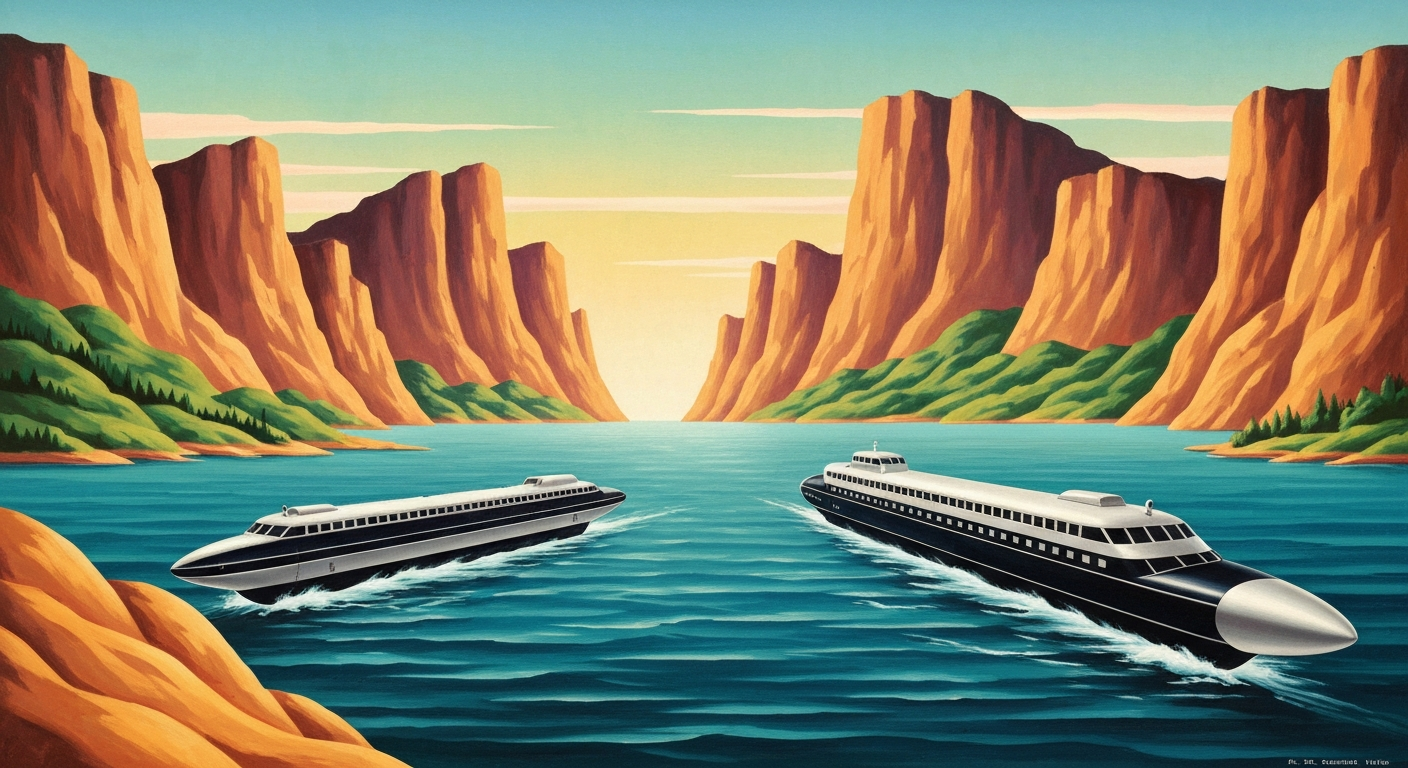 A bold, geometric illustration in the Art Deco style depicting the grand scale and natural beauty of the Great Lakes region, with sweeping gradients and towering forced perspectives, conveying the importance of the upcoming workshops for charter captains.