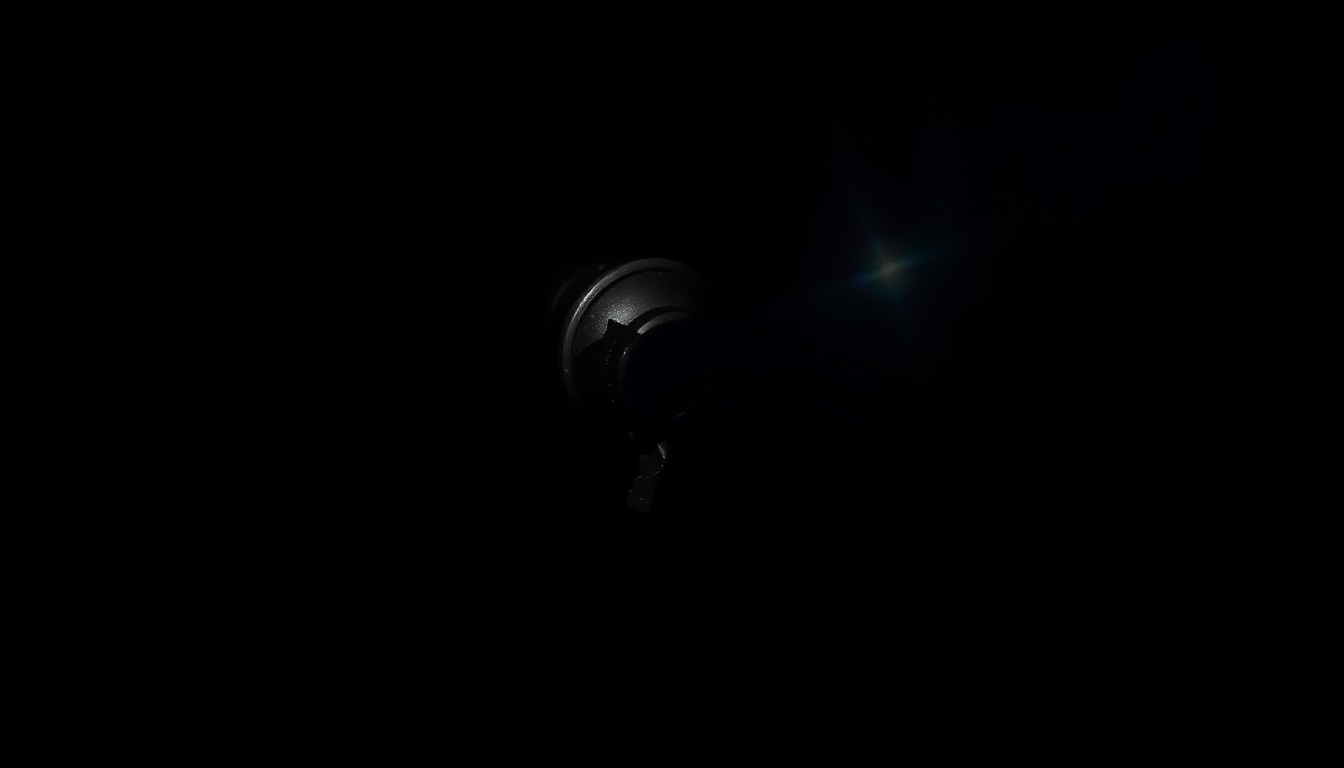 An extreme close-up photograph of a broken lock or damaged doorknob, lit by a harsh, direct camera flash against a pitch-black background, conceptually illustrating the aftermath of a forced home entry.