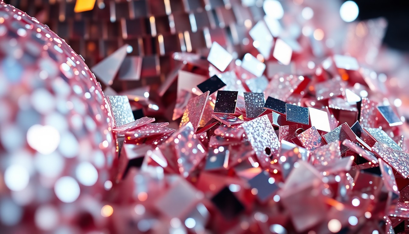 An extreme close-up photograph of shimmering sequins and shattered disco ball fragments, captured in dramatic high-contrast studio lighting to create a glamorous, high-fashion aesthetic.