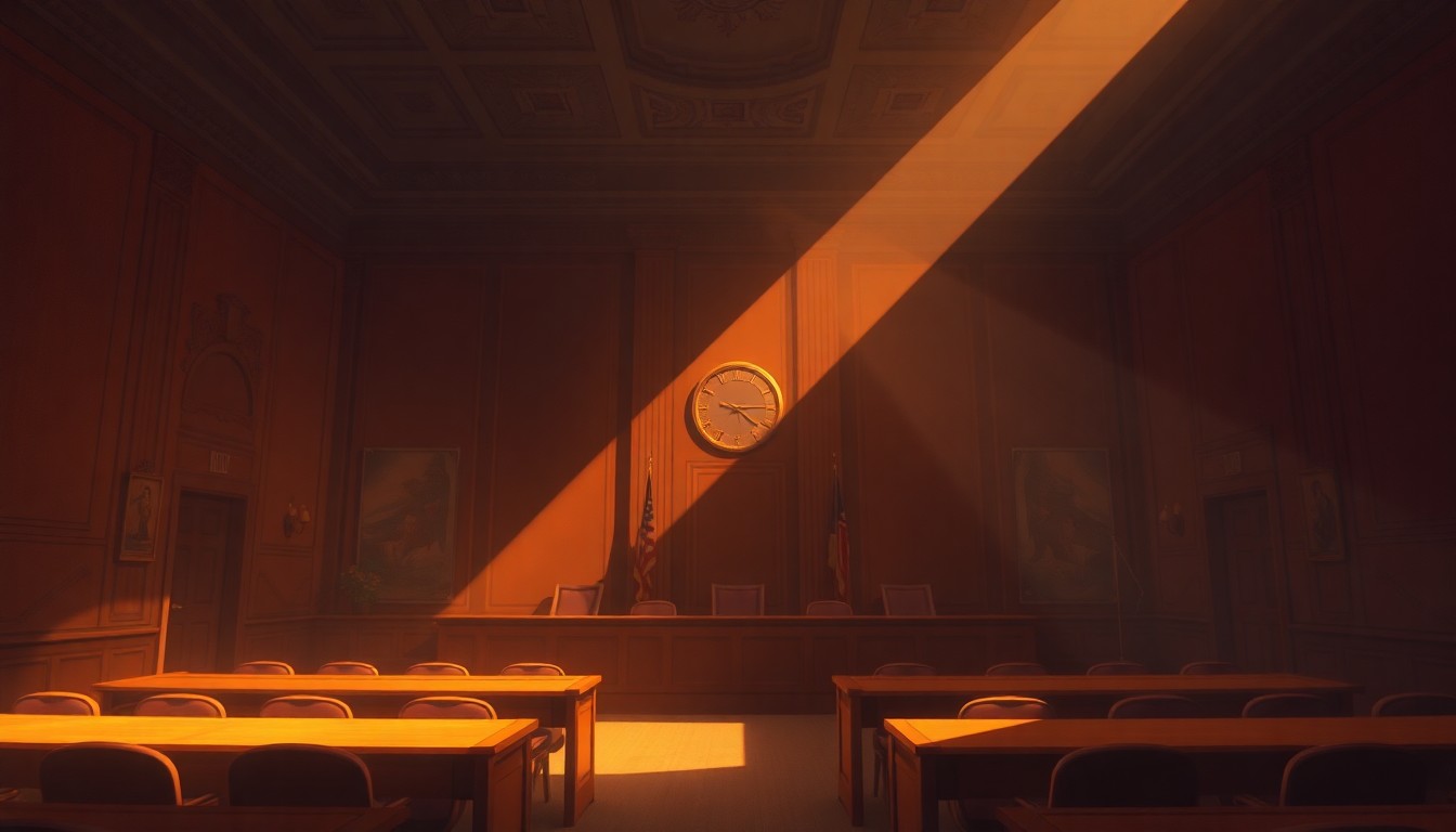 A dimly lit, cinematic painting of an empty city council chamber, with warm sunlight streaming through the windows and casting long shadows across the room, conveying a sense of quiet contemplation and civic responsibility.