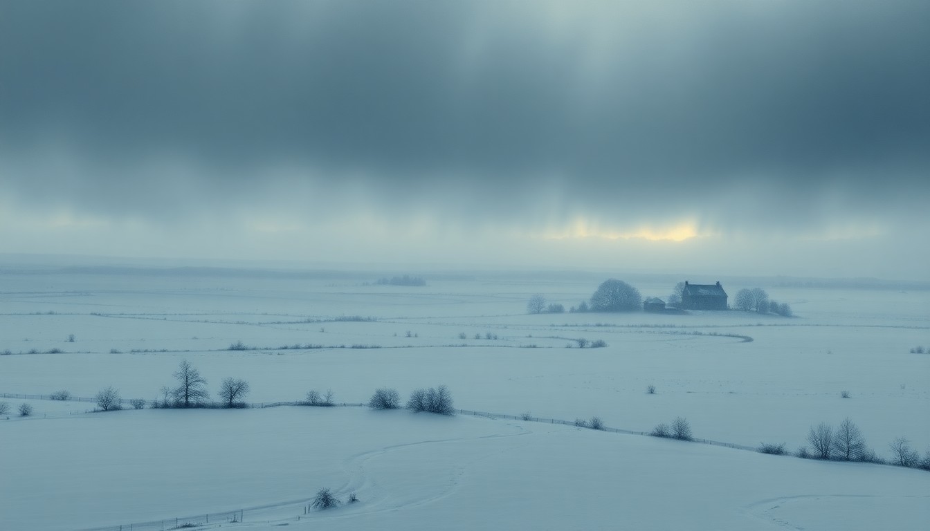 A sweeping, atmospheric landscape painting in muted tones of gray, white, and blue, depicting a vast, snowy prairie scene with a heavy, ominous sky overhead, conceptually representing the unpredictable and overwhelming power of the region's weather.