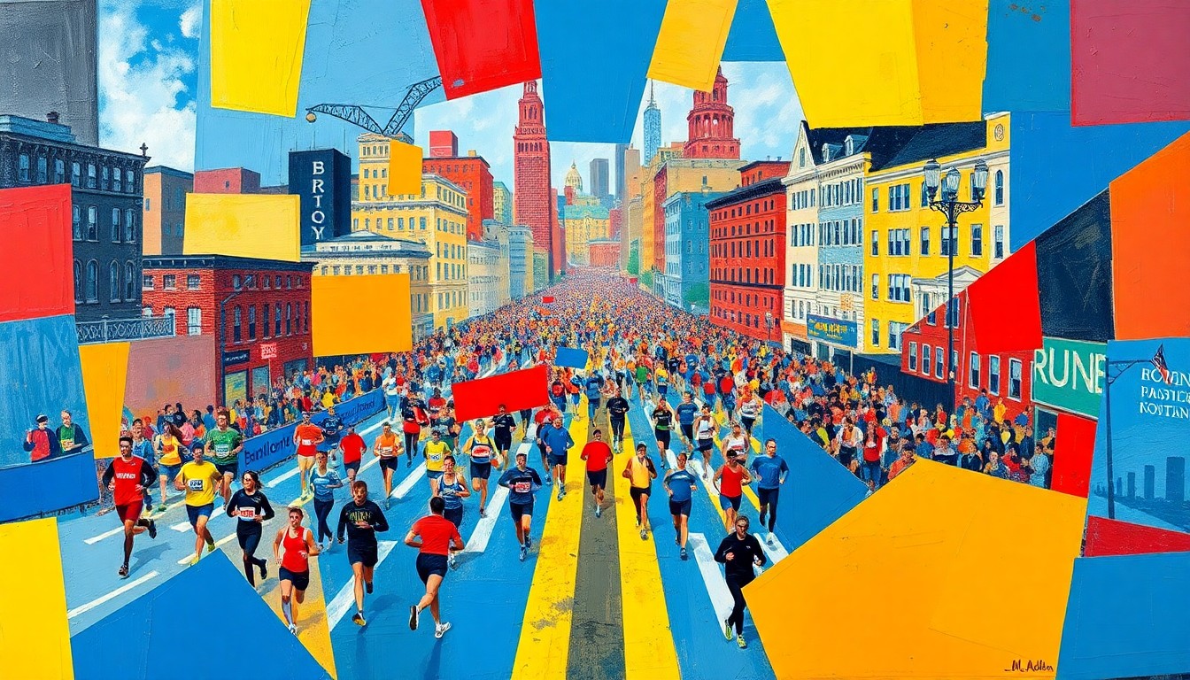 A cubist, geometric painting depicting runners, crowds, and the Boston cityscape in a fractured, multi-perspective style, using vibrant shades of blue, red, and yellow.