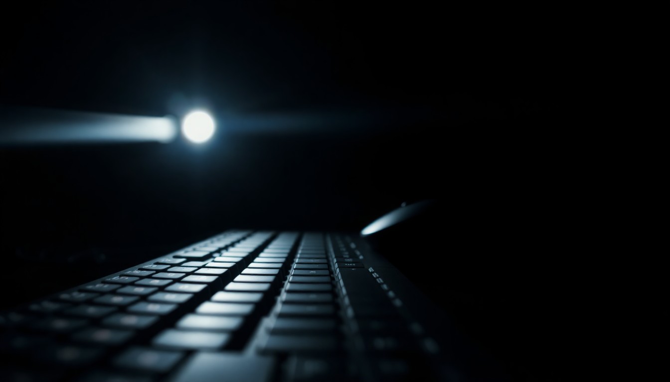 An extreme close-up photograph of a computer mouse and keyboard, lit by a harsh, direct camera flash against a pitch-black background, creating a stark, gritty, investigative aesthetic.