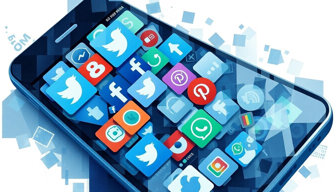 A fragmented, abstract painting depicting a smartphone screen with overlapping, repeating social media app icons in shades of blue, green, and gray, conveying the chaotic and addictive nature of social media.