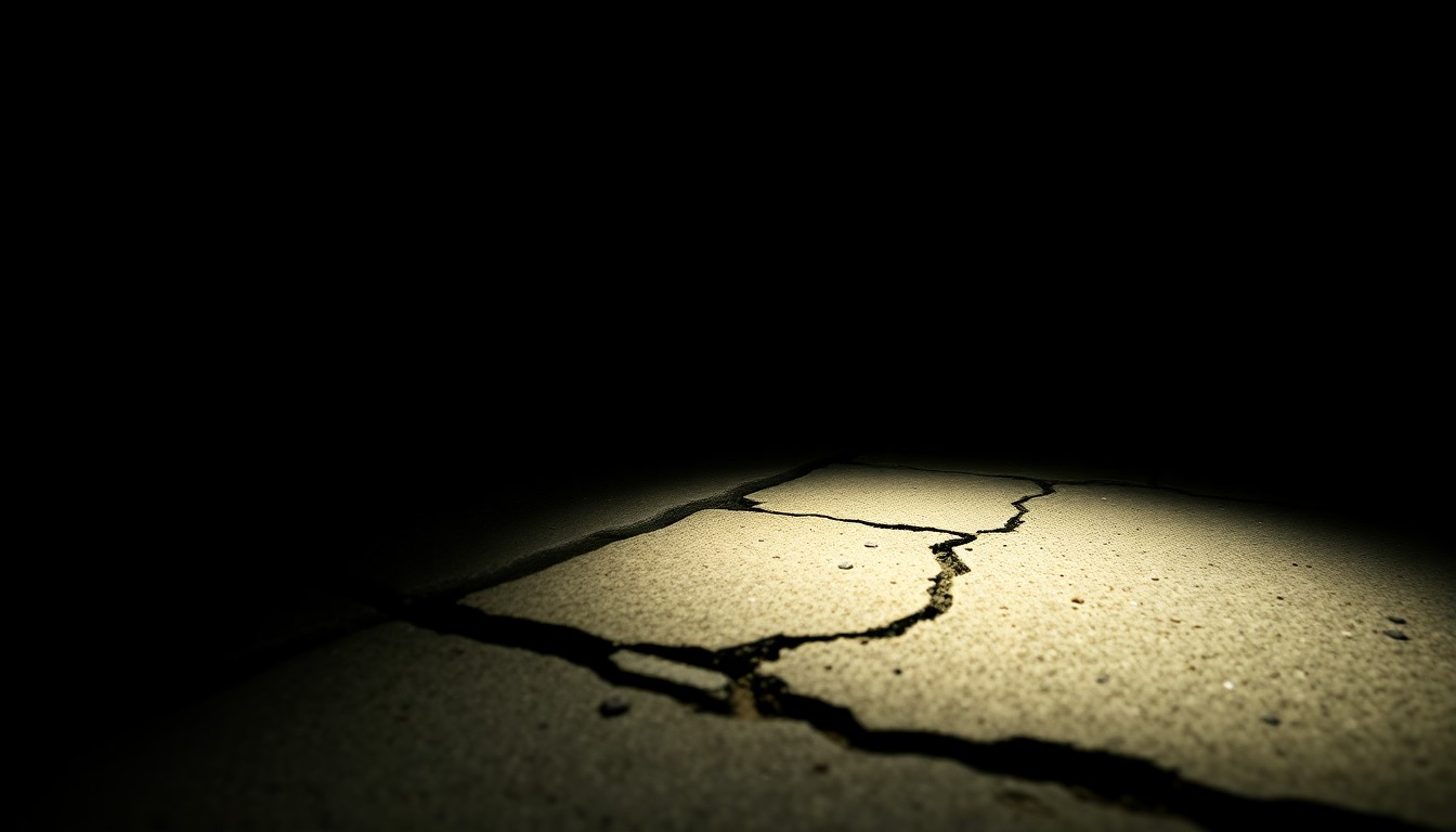 An extreme close-up photograph of a cracked and uneven concrete sidewalk section, capturing the gritty, investigative aesthetic of the Weegee photographic style.