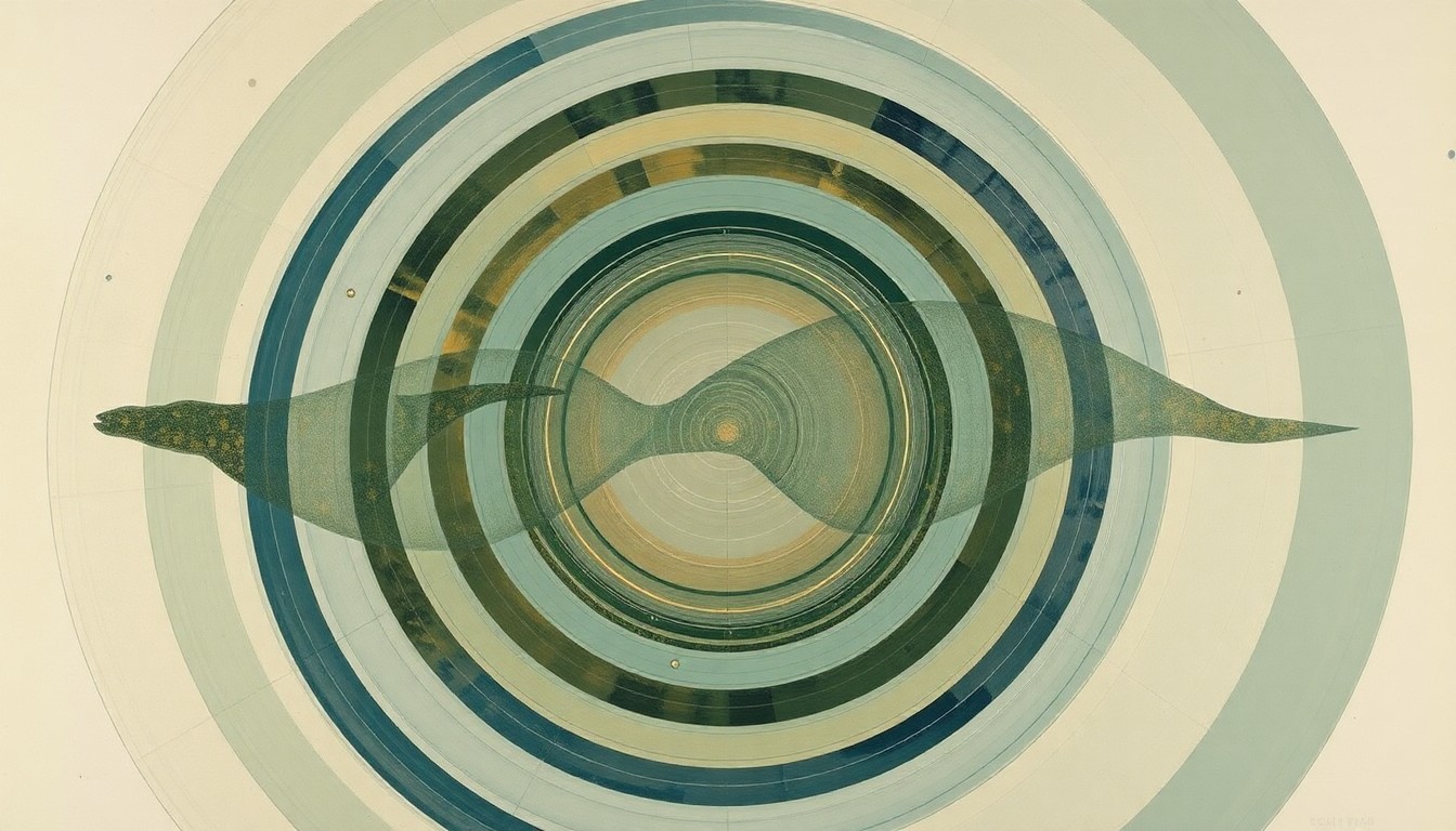 A bold, abstract painting featuring sweeping geometric arcs, concentric circles, and precise botanical spirals in shades of green, blue, and ochre, conceptually representing the complex interplay between the Dungeness crab fishing industry and the migration patterns of humpback whales off the California coast.