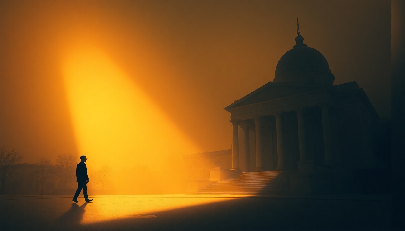 A dimly lit, cinematic painting of a government building or political figure in a contemplative pose, with warm light and deep shadows creating a sense of solemnity and introspection.