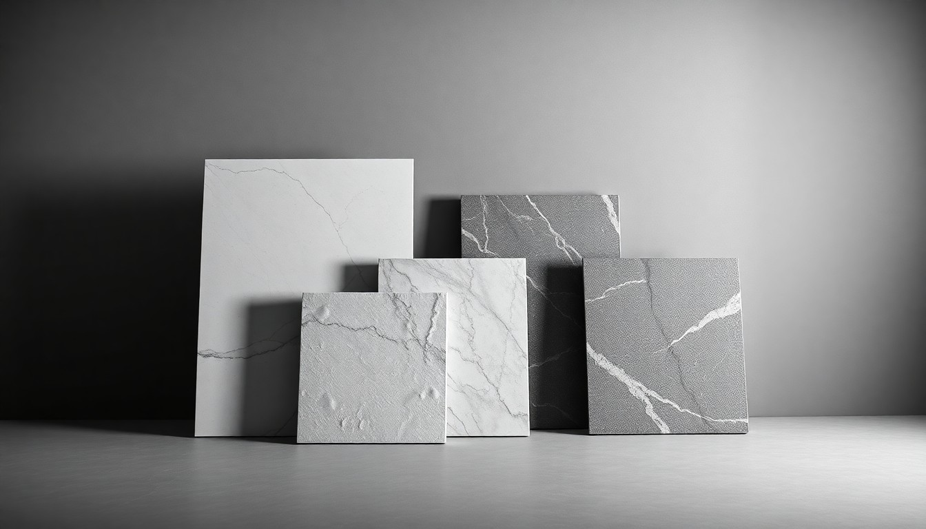A minimalist studio still life photograph featuring a selection of polished, geometric tile and stone samples arranged on a clean, monochromatic background, conveying the high-end materials and craftsmanship offered by Firenze Tile.