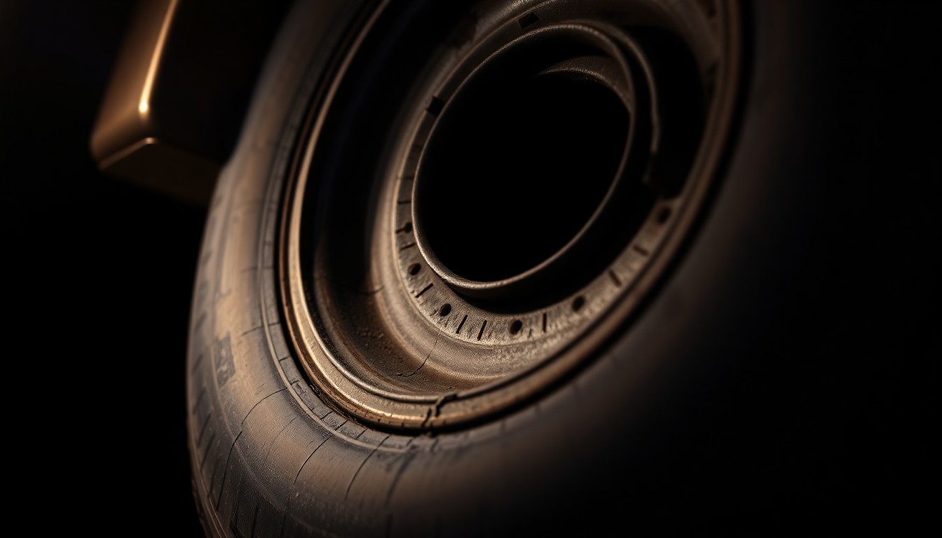 An extreme close-up photograph of a deflated tire from a stolen ambulance, the harsh flash lighting revealing the damaged rim and worn tread, conveying the intensity of the police pursuit without depicting any violence.
