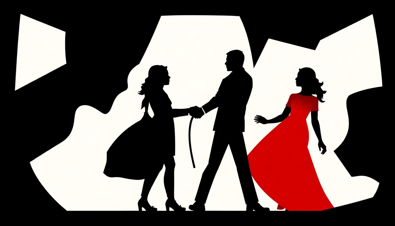 A bold, abstract illustration featuring stark black silhouettes of theatrical masks or character profiles set against a high-contrast background of solid red and white geometric shapes, conceptually representing the characters and themes of the musical & Juliet.