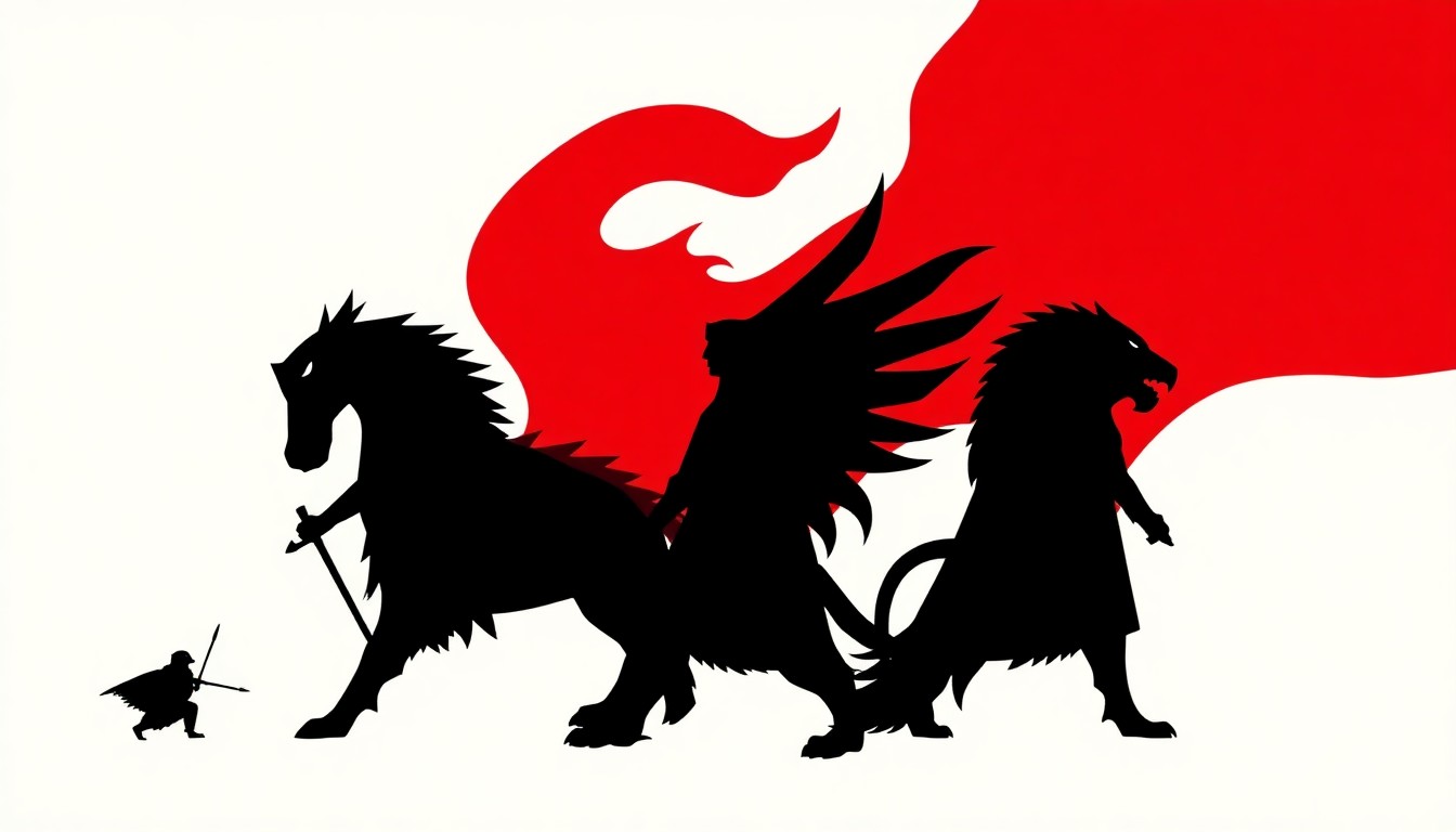A striking abstract composition of jagged black silhouettes and bold red shapes, representing the conquest of Westeros by the Targaryen family and their dragons.