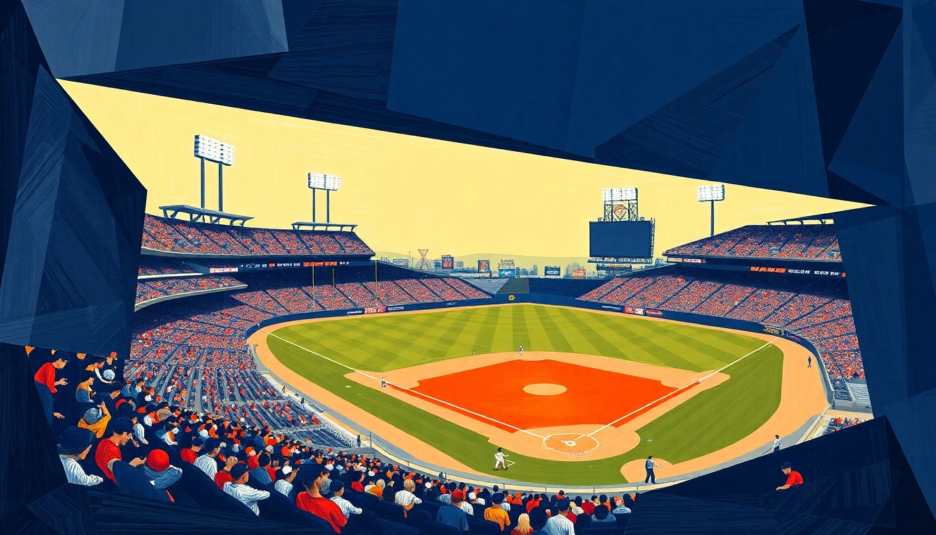 A cubist, geometric painting depicting a fragmented baseball game, with sharp planes of navy blue, sand, and orange overlapping to create a dynamic, abstract composition.