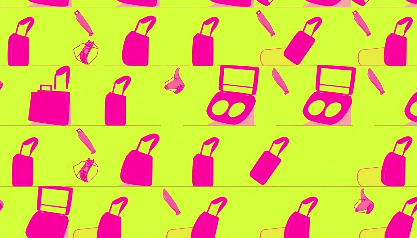 A brightly colored, high-contrast silkscreen print of a single, iconic beauty product like a lipstick or makeup compact, repeated in a tight grid pattern in vibrant neon colors with heavy black outlines, capturing the celebratory spirit of the 'Black Don't Crack' photo shoot.