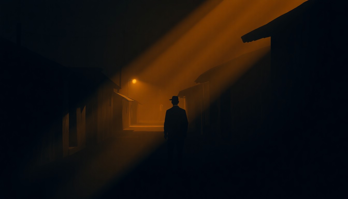 A cinematic painting depicting a lone white missionary figure standing in a dimly lit African village street, the scene bathed in warm, diagonal sunlight and deep shadows, conceptually representing the complex racial dynamics and tensions of the era.