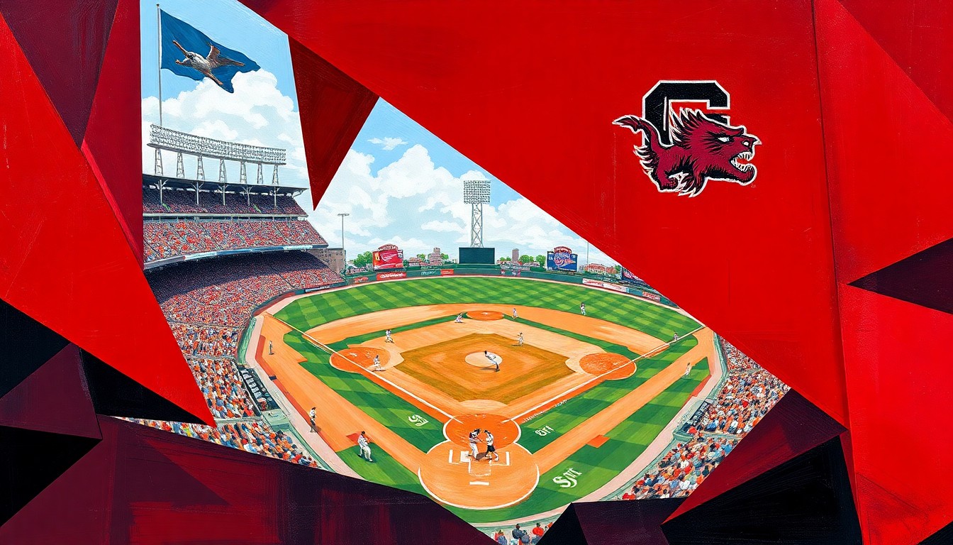 A dynamic, cubist-inspired illustration depicting the action and energy of a college baseball game, with the players and field fragmented into sharp, overlapping geometric shapes in the colors of the competing teams.