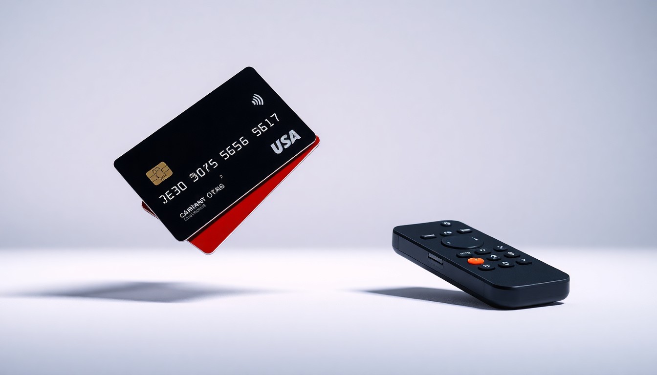 A minimalist studio still life photograph featuring a stack of credit cards, a smartphone, and a remote control floating on a clean, white background, symbolizing the financial challenges facing the QVC and HSN shopping networks.