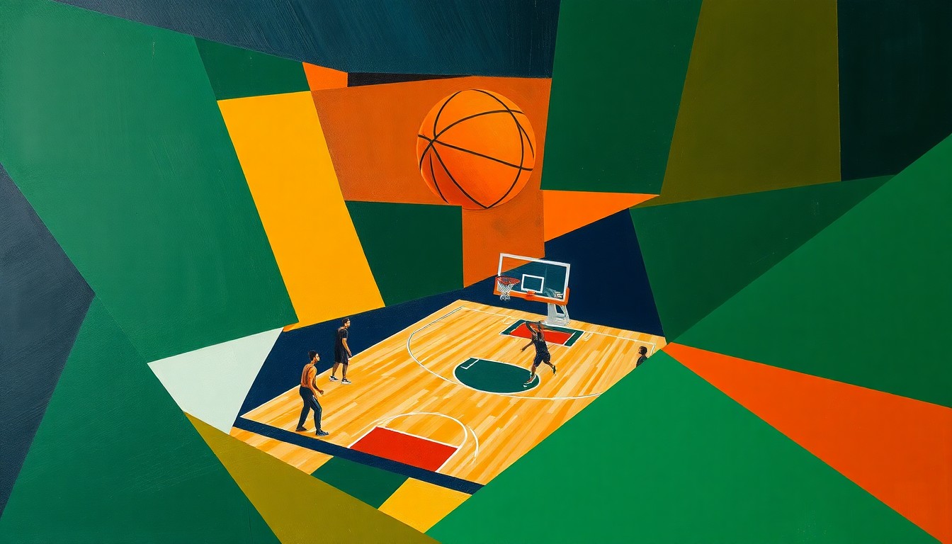 A fragmented, geometric painting depicting a basketball game from multiple angles, with sharp planes of green, blue, and orange hues.