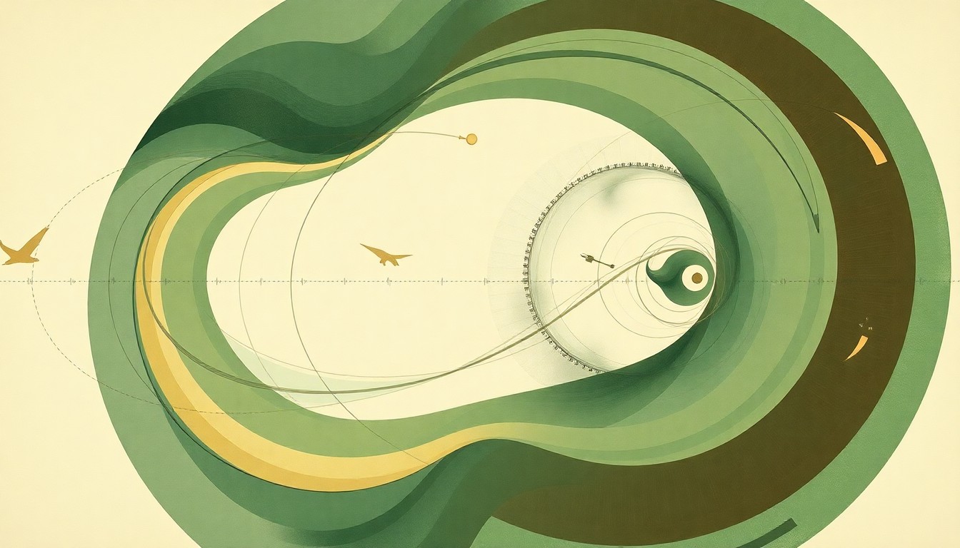 A highly structured abstract painting in muted earth tones, featuring sweeping geometric arcs, concentric circles, and precise botanical spirals, visually representing the complex engineering principles behind an electric boat racing competition.