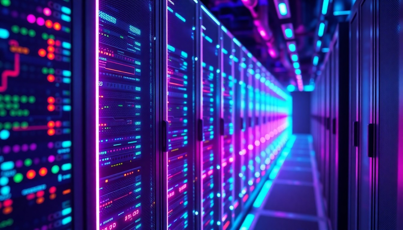 A highly detailed, glowing 3D illustration of a futuristic computer server rack with pulsing neon blue and purple lights, conceptually representing the advanced computing power behind the University of Cambridge's AI research initiatives.