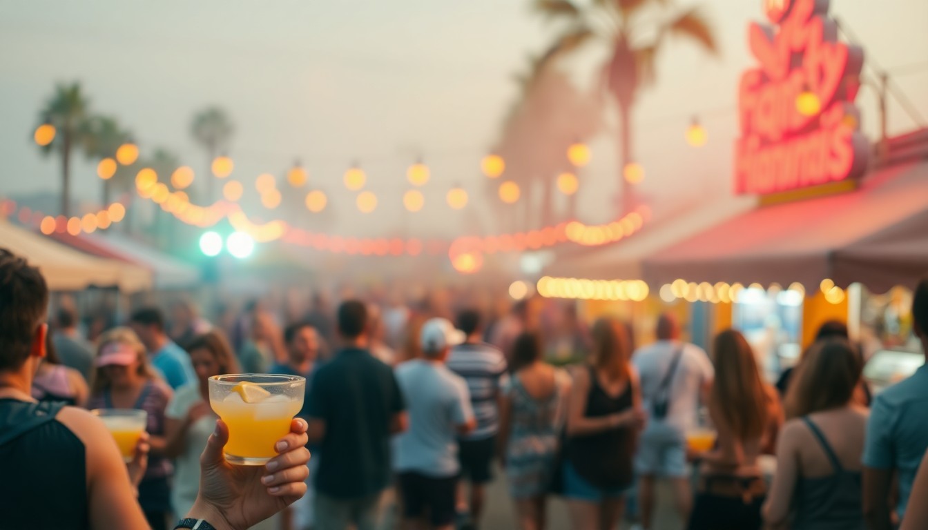 An abstract, out-of-focus photograph in warm, hazy tones depicting the lively atmosphere of an outdoor festival, with blurred figures enjoying drinks and food against a backdrop of colorful lights and activity.