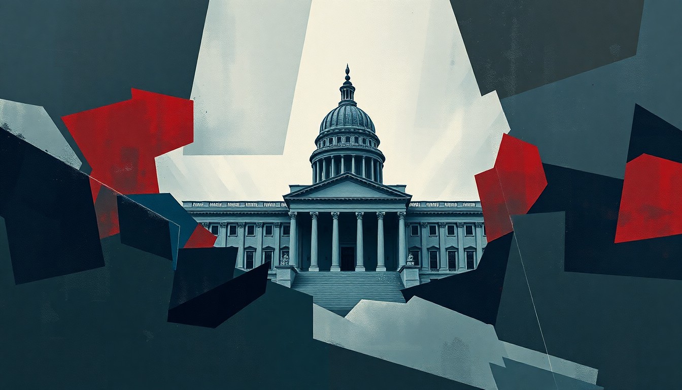 A dynamic, abstract painting with overlapping geometric shapes and waves of dark blue, grey, and red colors, conveying a sense of political uncertainty and unrest around the FISA legislation.