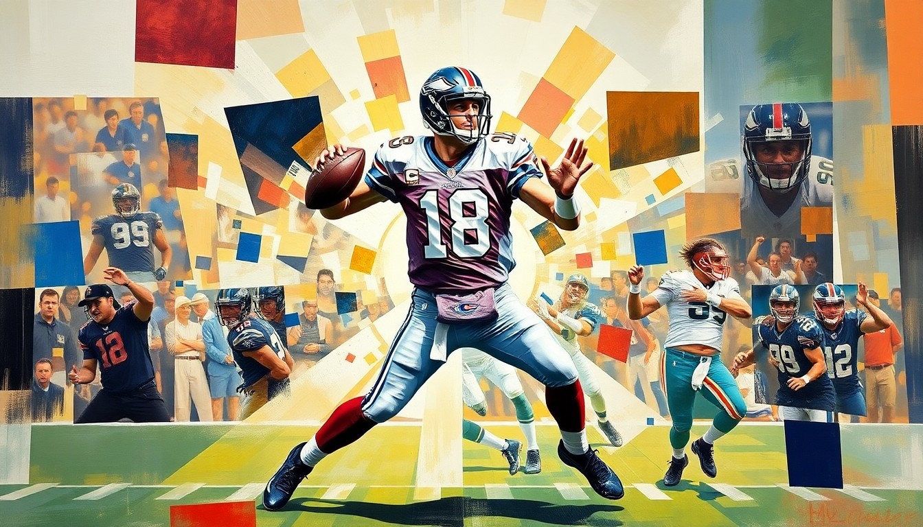 A fragmented, cubist-style painting depicting an NFL quarterback in the midst of a play, with the player's body and equipment broken down into sharp, overlapping geometric shapes and planes, conceptually representing the uncertainty and competing forces surrounding the player's contract situation.