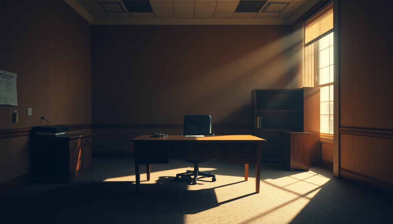 A quiet, cinematic painting of an empty government office desk in warm, golden light and deep shadows, conveying a sense of political disillusionment and institutional decay.